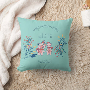 Baby’s First Christmas cute Pig and Bear Throw Pillow