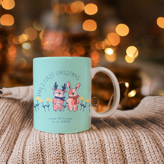Baby’s First Christmas cute Reindeer Friends Two-Tone Coffee Mug (Creator Uploaded)