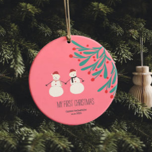 Baby’s First Christmas - cute Snowman Duo on pink Ceramic Ornament
