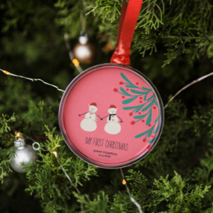 Baby’s First Christmas - cute Snowman Duo on pink Metal Ornament