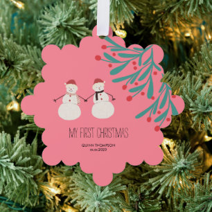 Baby’s First Christmas - cute Snowman Duo on pink Ornament Card