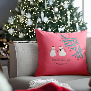 Baby’s First Christmas - cute Snowman Duo on pink Throw Pillow