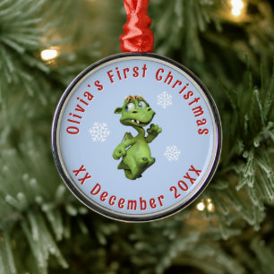 Baby’s First Christmas Dragon Custom Name Metal Ornament