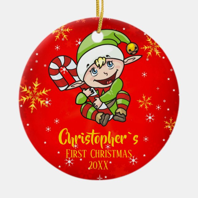 Baby`s First Christmas Elf Candy Cane Red Ceramic Ornament (Front)