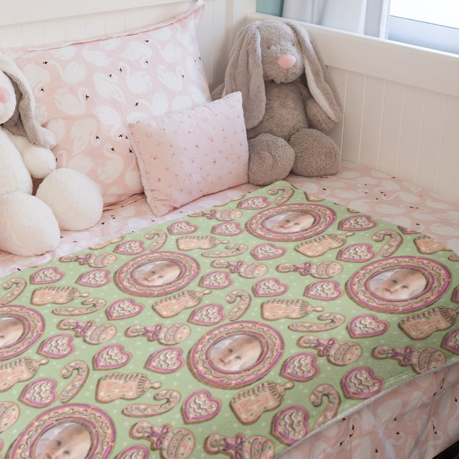 Baby’s First Christmas Gingerbread Cookie Fleece Blanket (Cute Baby Christmas Gingerbread Cookie Photo Baby Blanket. Hand-Drawn Pattern in Pink & Green. )