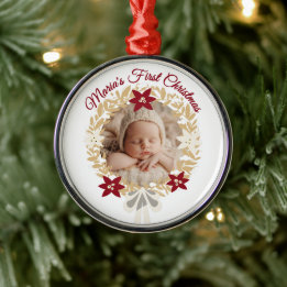 Baby’s First Christmas Gold Wreath  Metal Ornament