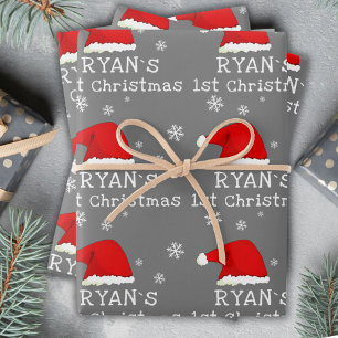 Baby`s First Christmas Grey Santa Hat Snowflake Wrapping Paper Sheet
