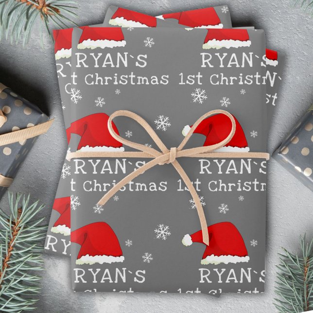 Baby`s First Christmas Grey Santa Hat Snowflake Wrapping Paper Sheet (Creator Uploaded)