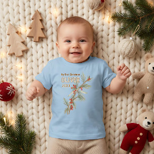 Baby`s First Christmas Holly Winter Foliage Baby T-Shirt