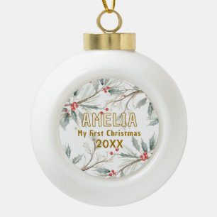 Baby`s First Christmas Holly Winter Foliage Ceramic Ball Christmas Ornament