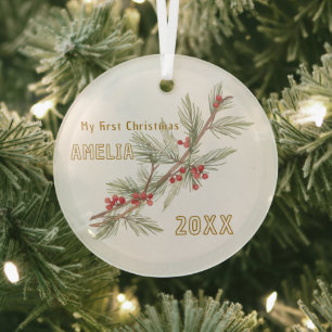Baby`s First Christmas Holly Winter Foliage Glass Ornament