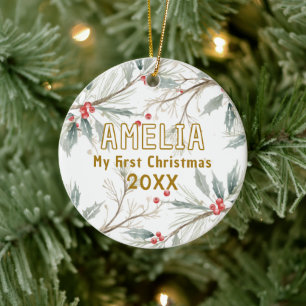 Baby`s First Christmas Holly Winter Foliage Photo Ceramic Ornament