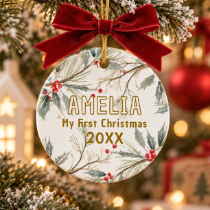Baby`s First Christmas Holly Winter Foliage Photo Ceramic Ornament