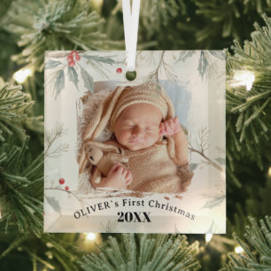 Baby`s First Christmas Holly Winter Foliage Photo Glass Ornament