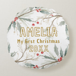 Baby`s First Christmas Holly Winter Foliage  Round Pillow