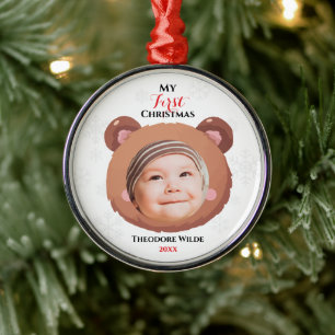 Baby’s First Christmas Photo, Cute Teddy Bear Fac Metal Ornament