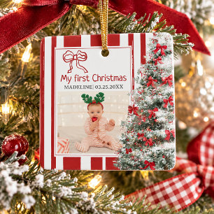 Baby’s First Christmas Photo Red Stripes Bow Tree Ceramic Ornament