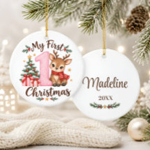 Baby’s First Christmas Pink Reindeer Ornament
