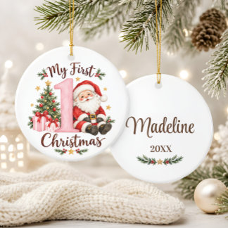 Baby’s First Christmas Pink Santa Ceramic Ornament