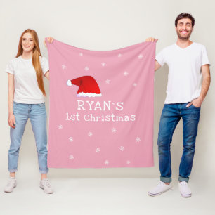 Baby`s First Christmas Pink Santa Hat Snowflake Fleece Blanket