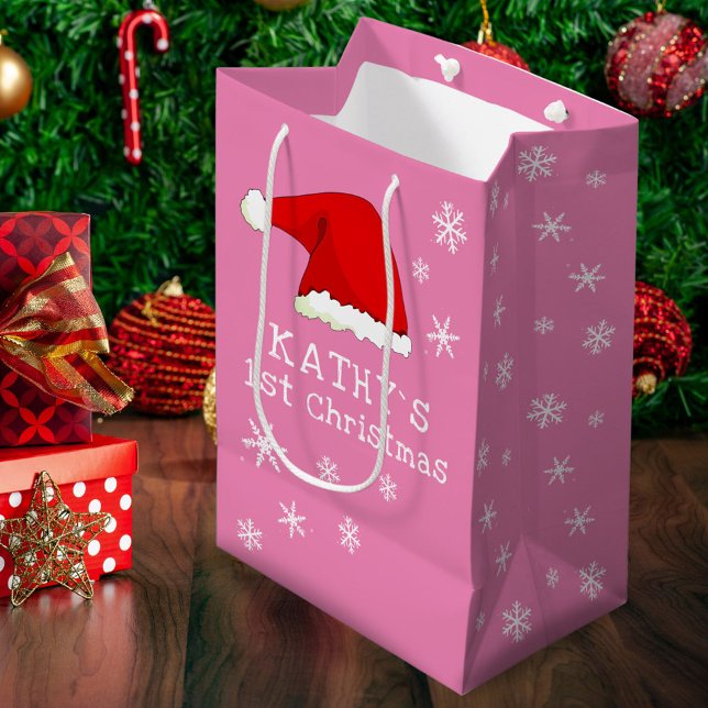 Baby`s First Christmas Pink Santa Hat Snowflake  Medium Gift Bag (Creator Uploaded)