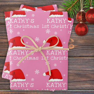 Baby`s First Christmas Pink Santa Hat Snowflake Wrapping Paper Sheet