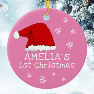Baby`s First Christmas Pink Santa Hat Snowflakes Ceramic Ornament