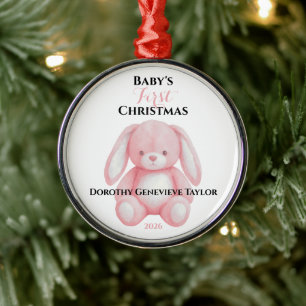 Baby’s First Christmas Pink Teddy Bear Personalize Metal Ornament