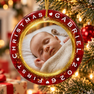 Baby’s First Christmas Red Gold Photo Keepsake Ceramic Ornament