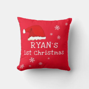 Baby`s First Christmas Red Santa Hat Snowflake Throw Pillow