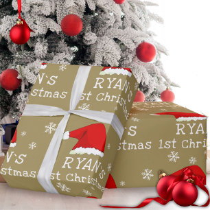 Baby`s First Christmas Red Santa Hat Snowflake  Wrapping Paper