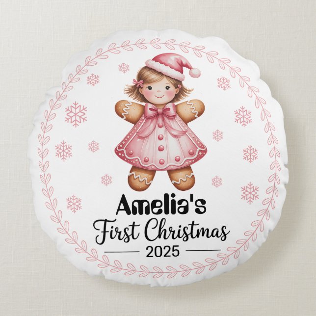 “Baby’s First Christmas Round Pillow-Editable Pillow (Front)