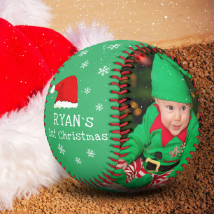 Baby`s First Christmas Santa Hat Snowflake Photo  Baseball