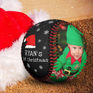 Baby`s First Christmas Santa Hat Snowflake Photo Baseball