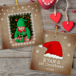 Baby`s First Christmas Santa Hat Snowflake Photo Ceramic Ornament
