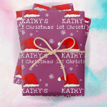 Baby`s First Christmas Santa Hat Snowflake Purple Wrapping Paper Sheet<br><div class="desc">Baby`s First Christmas Red Santa Hat Snowflake Purple Wrapping Paper Sheets. Cute baby first Christmas design with a Santa hat,  snowflakes and a baby name in a white script - personalize with your baby`s name.</div>