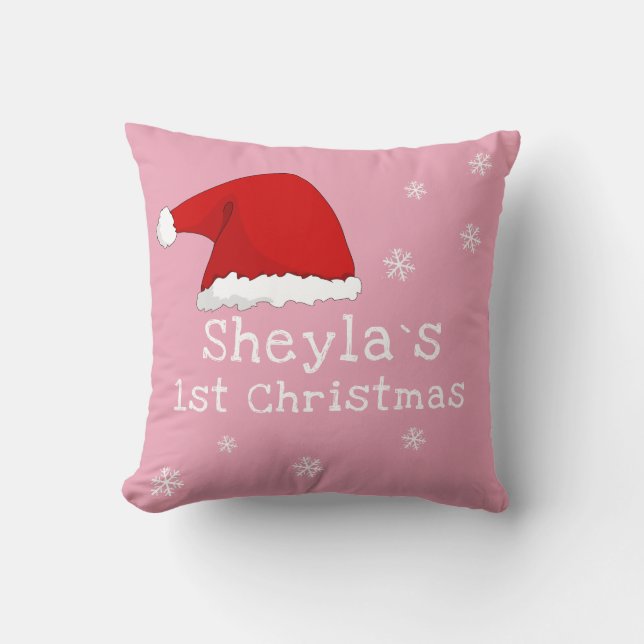 Baby`s First Christmas Santa Hat Snowflakes Pink Throw Pillow (Front)