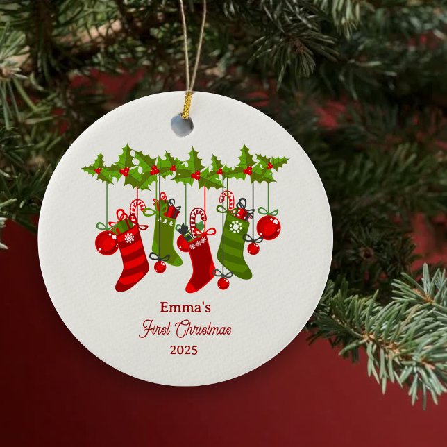 Baby’s First Christmas with Colourful Stockings Ceramic Ornament (Creator Uploaded)