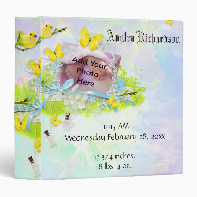 Baby’s Yellow Bird and Butterfly Photo Frame Binder (Front/Spine)