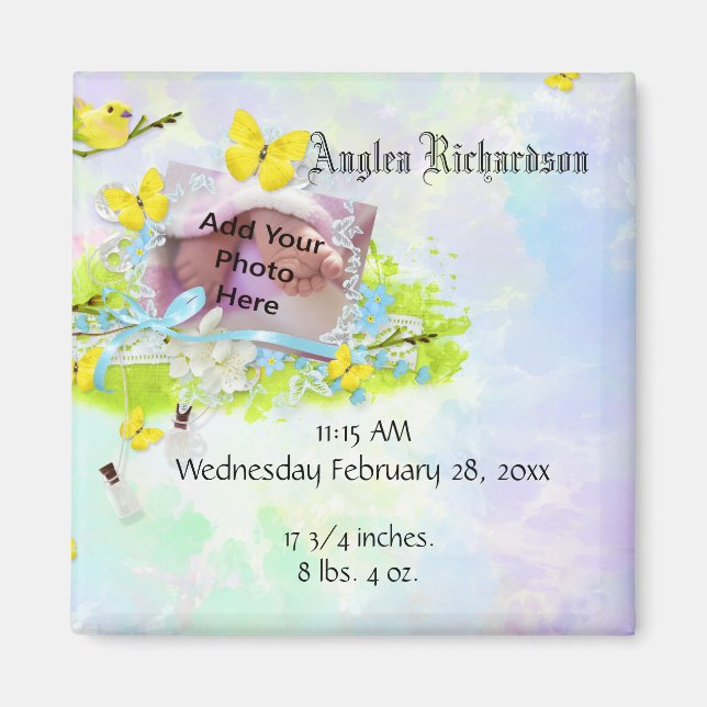 Baby’s Yellow Bird and Butterfly Photo Frame Magnet (Front)