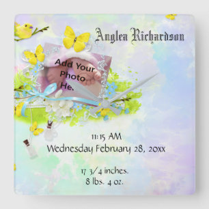 Baby’s Yellow Bird and Butterfly Photo Frame Square Wall Clock