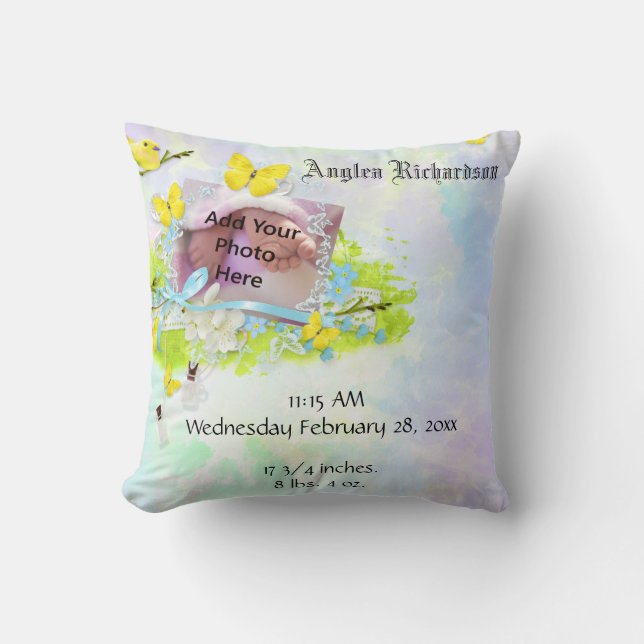 Baby’s Yellow Bird and Butterfly Photo Frame Throw Pillow (Front)