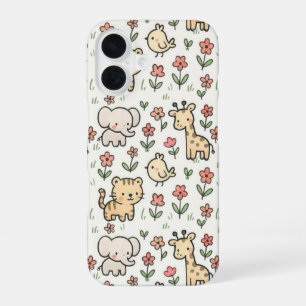 Baby Safari Animal With Doodle Flowers iPhone 16 Case