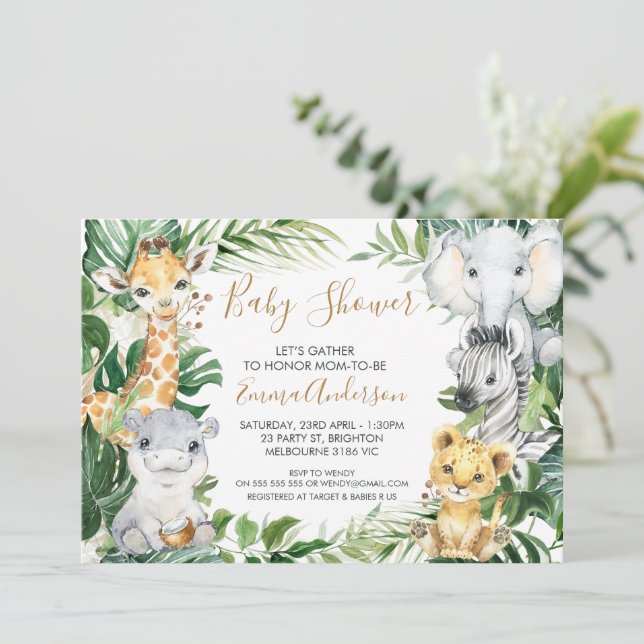 Baby Safari Animals in Greenery Baby Shower Invitation (Standing Front)