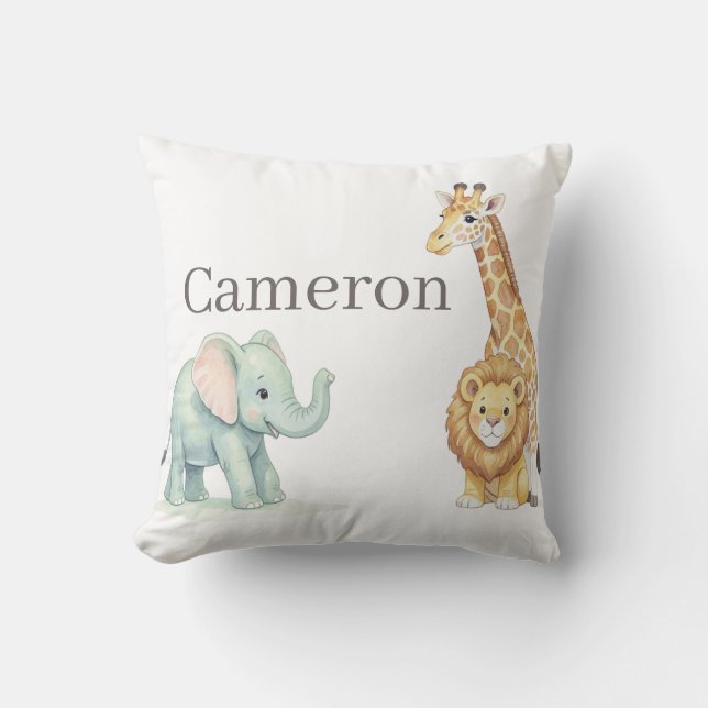 Baby Safari Animals with Custom Name Throw Pillow (Front)