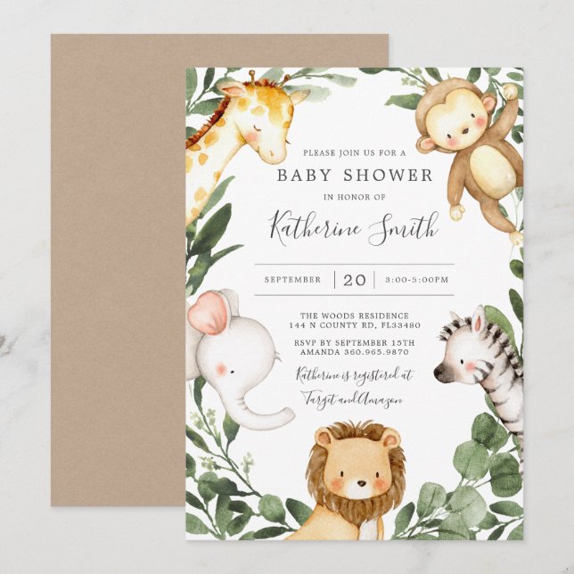 Baby Safari Animaux Baby shower Invitation (Devant / Derrière)