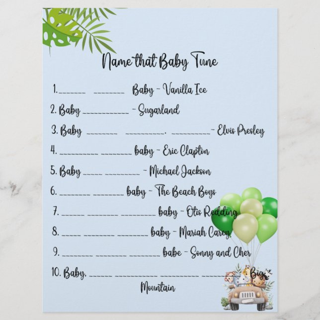 Baby Safari Baby Shower Games Flyer (Front)