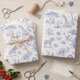 Baby Safari Toile Blue Wrapping Paper