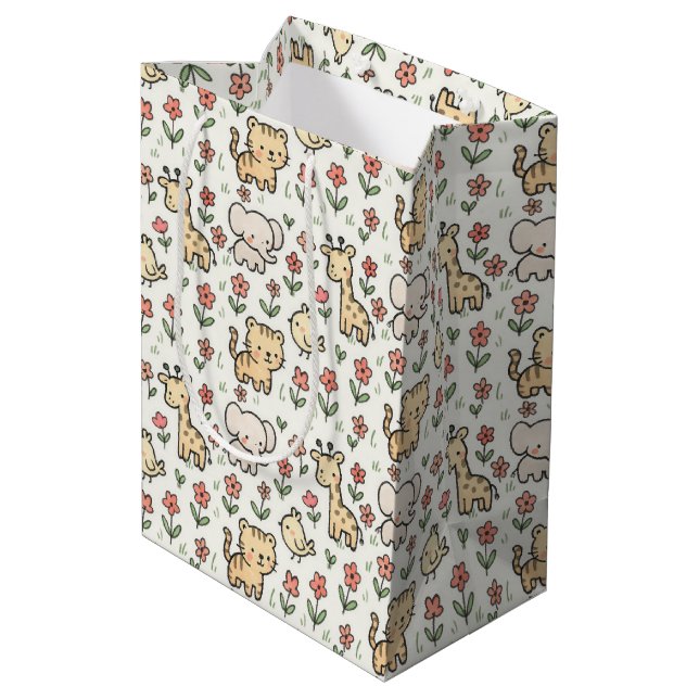 Baby Safari Wildlife With Doodle Flowers Medium Gift Bag (Back Angled)