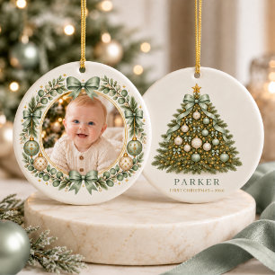 Baby Sage Green First Christmas Bow Photo Ceramic Ornament